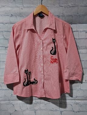 Las Olas Women's Small Button Up Shirt Pinstripes Red White Embroidered Cats